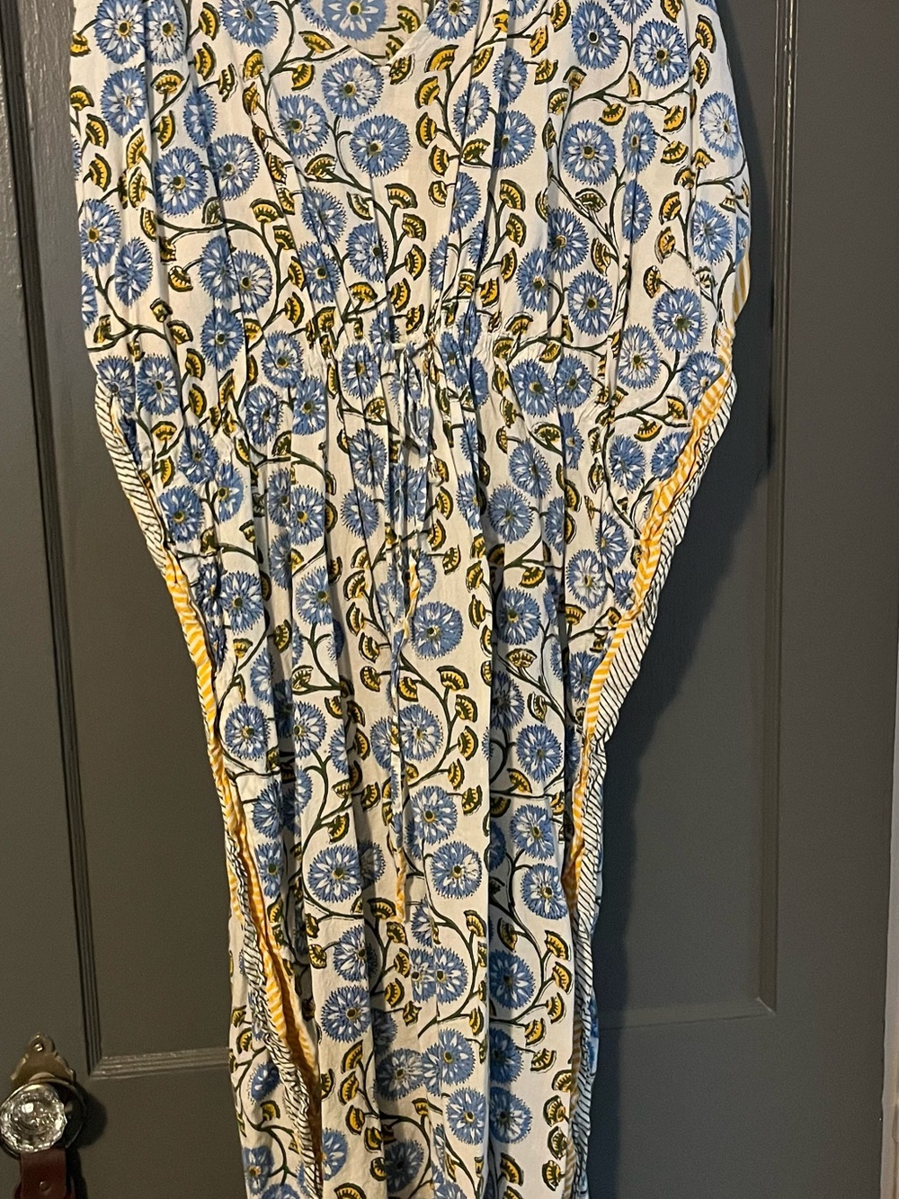 Blue Floral kaftan Dress with Yellow Trim - Women's Maxi